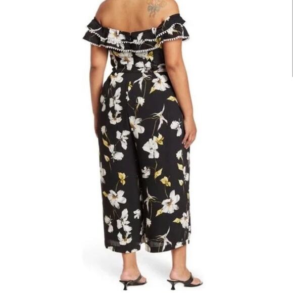 CITY CHIC Jumpsuit SZ 14 Black White Yellow Crepe Floral Print Off The Shoulder - Picture 2 of 13